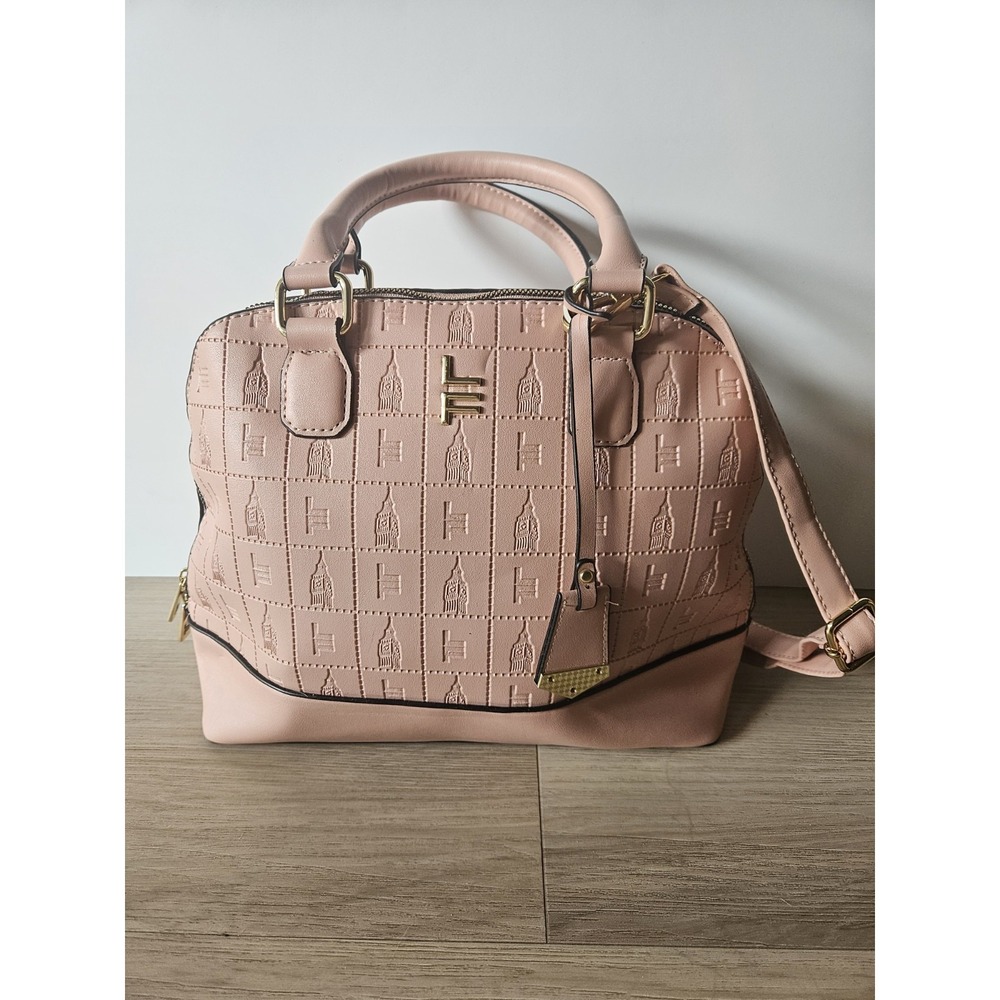 Blush Pink Dome Satchel Crossbody Handbag Embossed Architecture Print With Gold